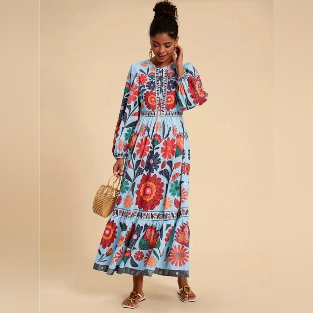 Floral Print Long Sleeve Maxi Dress - Light Blue - Picture 3 of 15